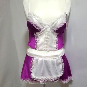 Purple and White Lace Trim Babydoll Lingerie Set. Size Large